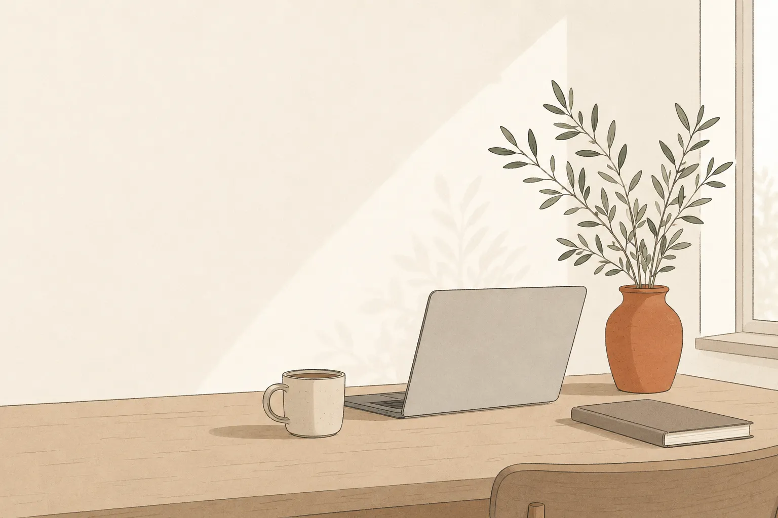 A sunlit desk with an open laptop, a ceramic mug and olive branches in a terracotta vase by a window.